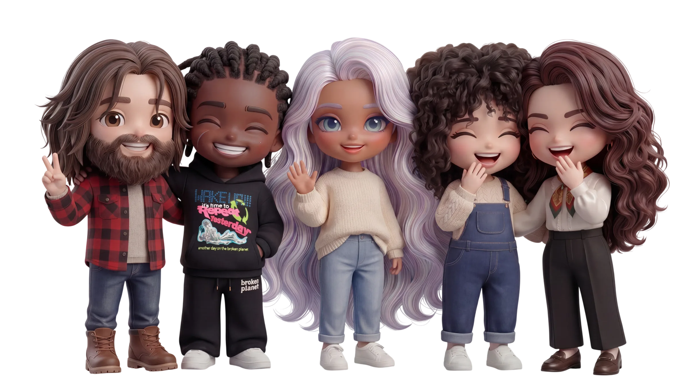 Five noProbs chibi avatars lined up