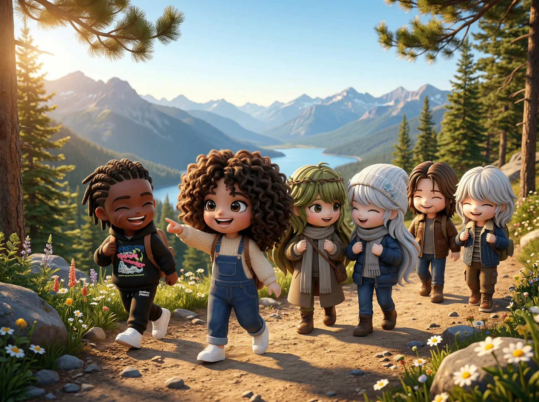 Characters hiking in the mountains